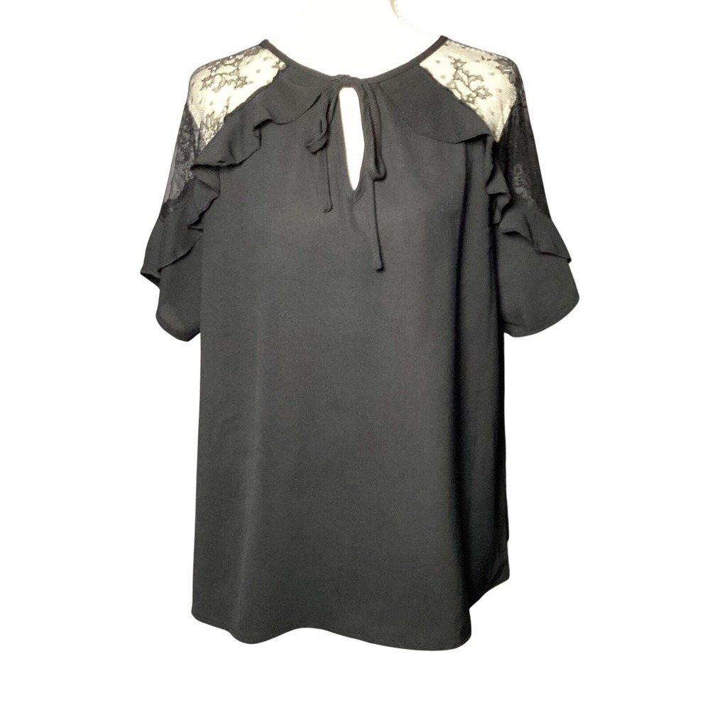 Blooming Jelly Women L Black Lace Ruffle Blouse Boho Keyhole Short Sleeve Top
